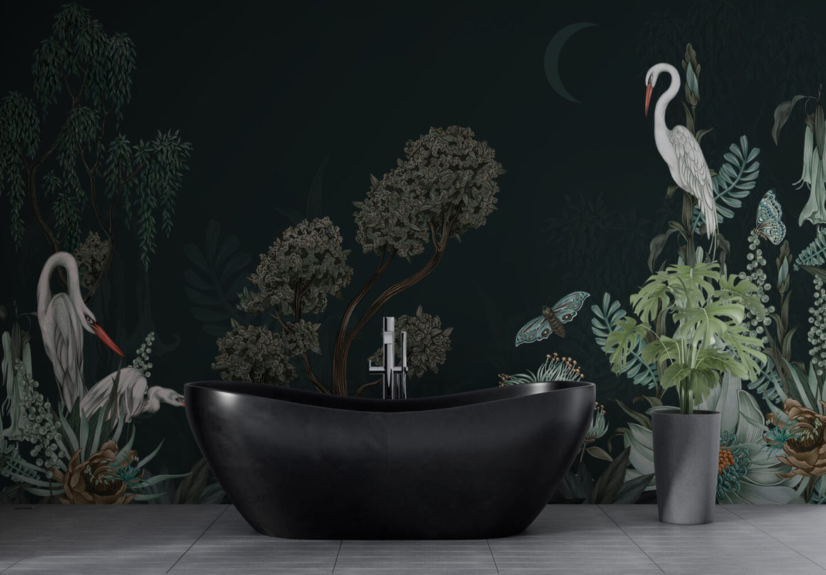 Dark Green Botanical Wallpaper : Moth And Heron Mural - View 3
