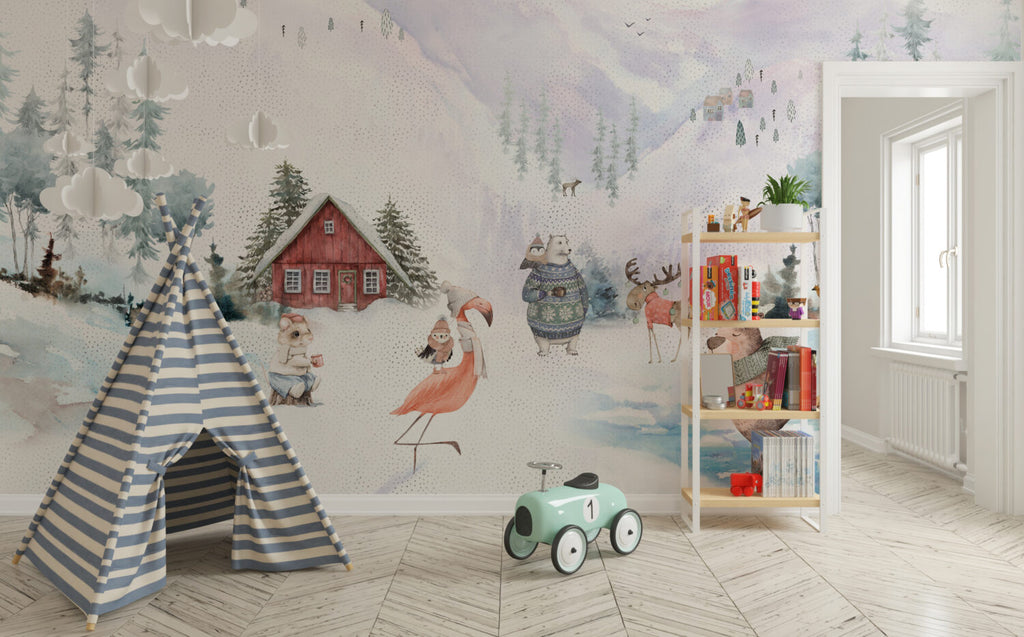 Winter Animals Wallpaper : Snowy Forest Kids Mural - View 3