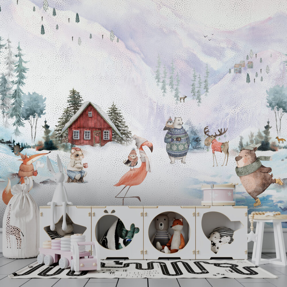 Winter Animals Wallpaper : Snowy Forest Kids Mural - View 4
