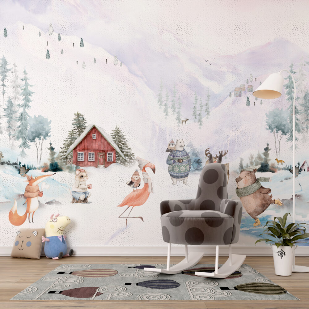 Winter Animals Wallpaper : Snowy Forest Kids Mural - View 6