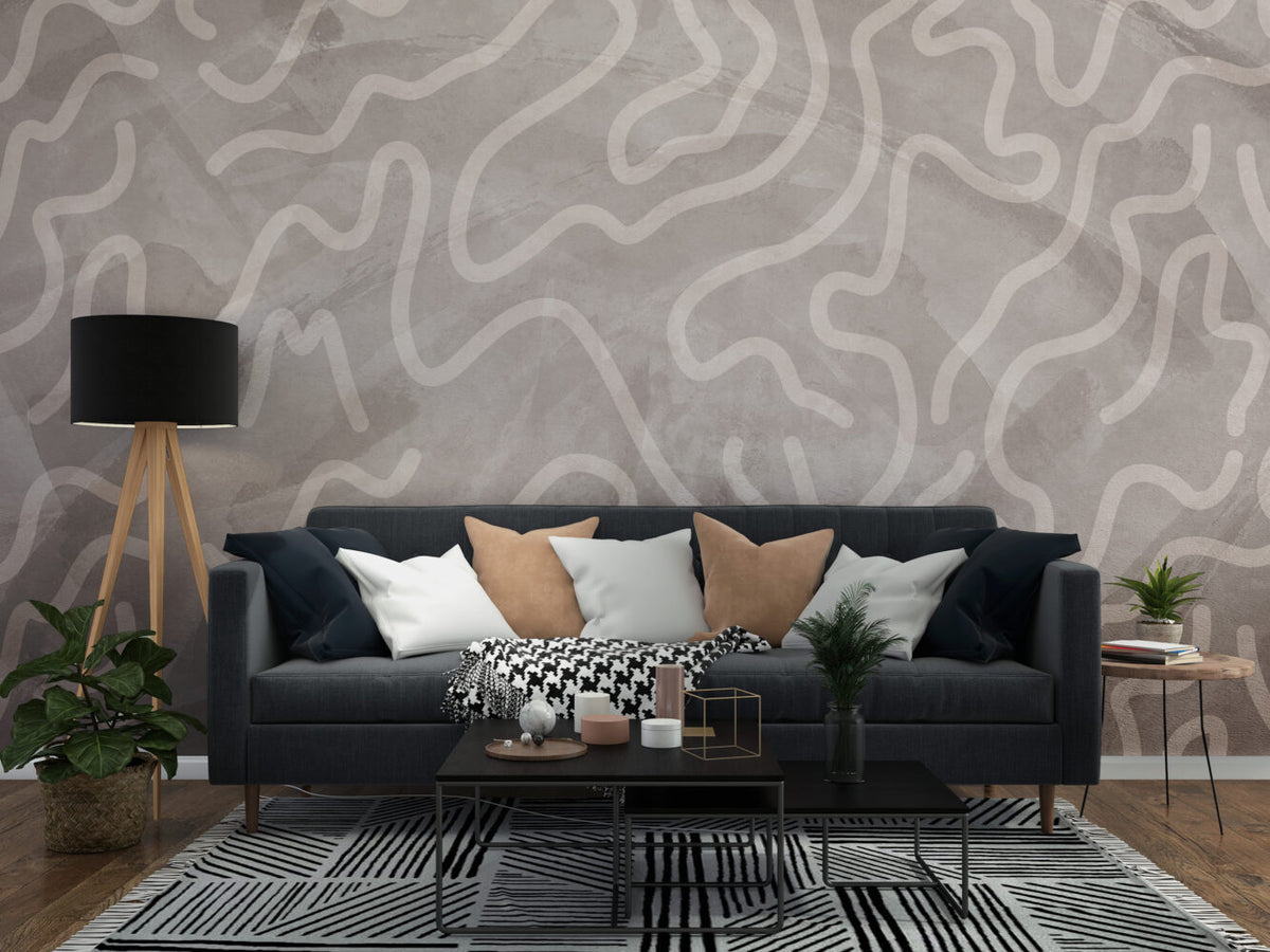 Cream Abstract Wallpaper : Organic Wave Lines On Concrete - View 3