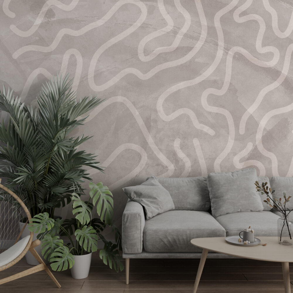 Cream Abstract Wallpaper : Organic Wave Lines On Concrete