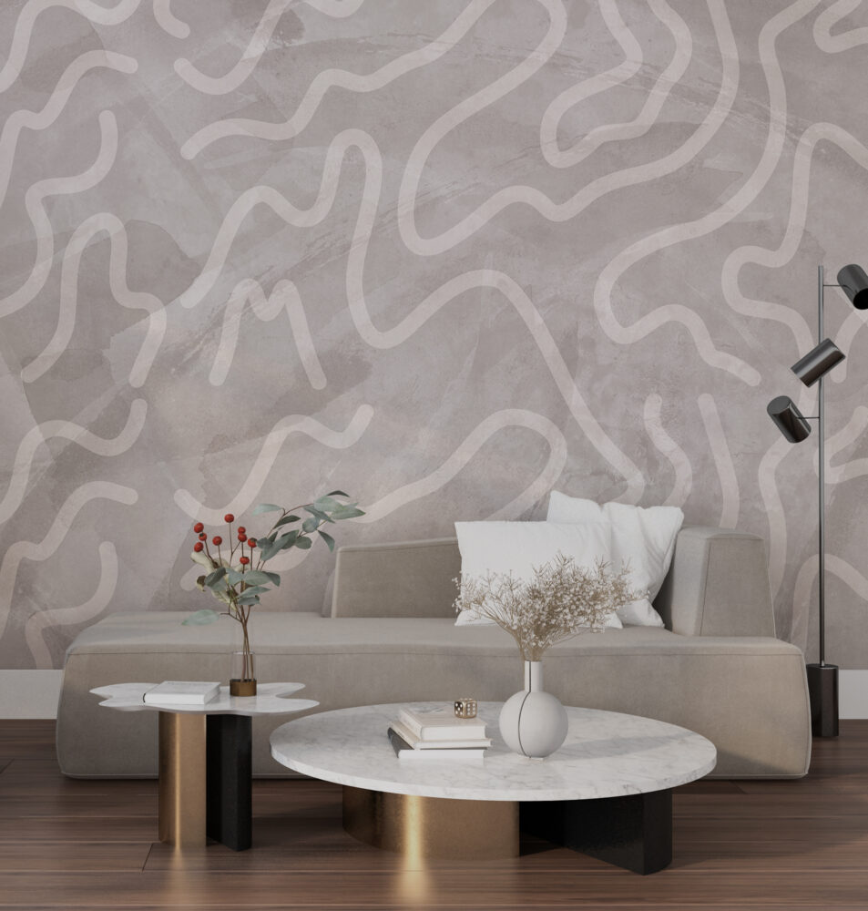 Cream Abstract Wallpaper : Organic Wave Lines On Concrete - View 4