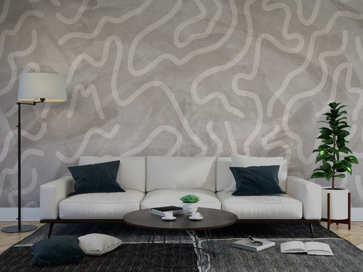 Cream Abstract Wallpaper : Organic Wave Lines On Concrete - View 6