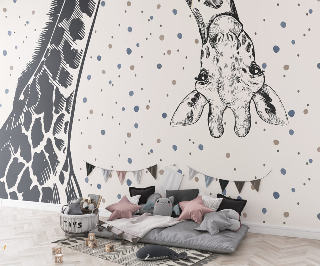 Giraffe Polka Dot Wallpaper : Black And White Animal Kids Mural - View 6