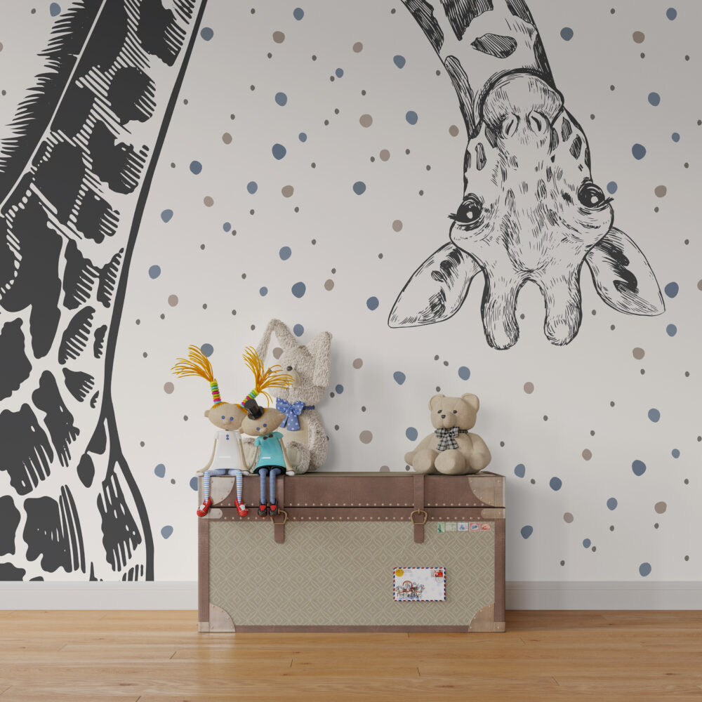 Giraffe Polka Dot Wallpaper : Black And White Animal Kids Mural - View 3