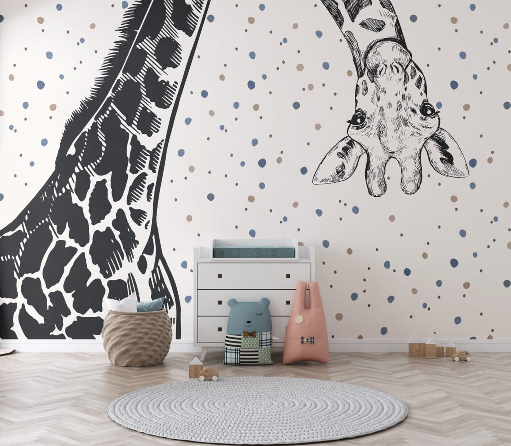 Giraffe Polka Dot Wallpaper : Black And White Animal Kids Mural - View 4