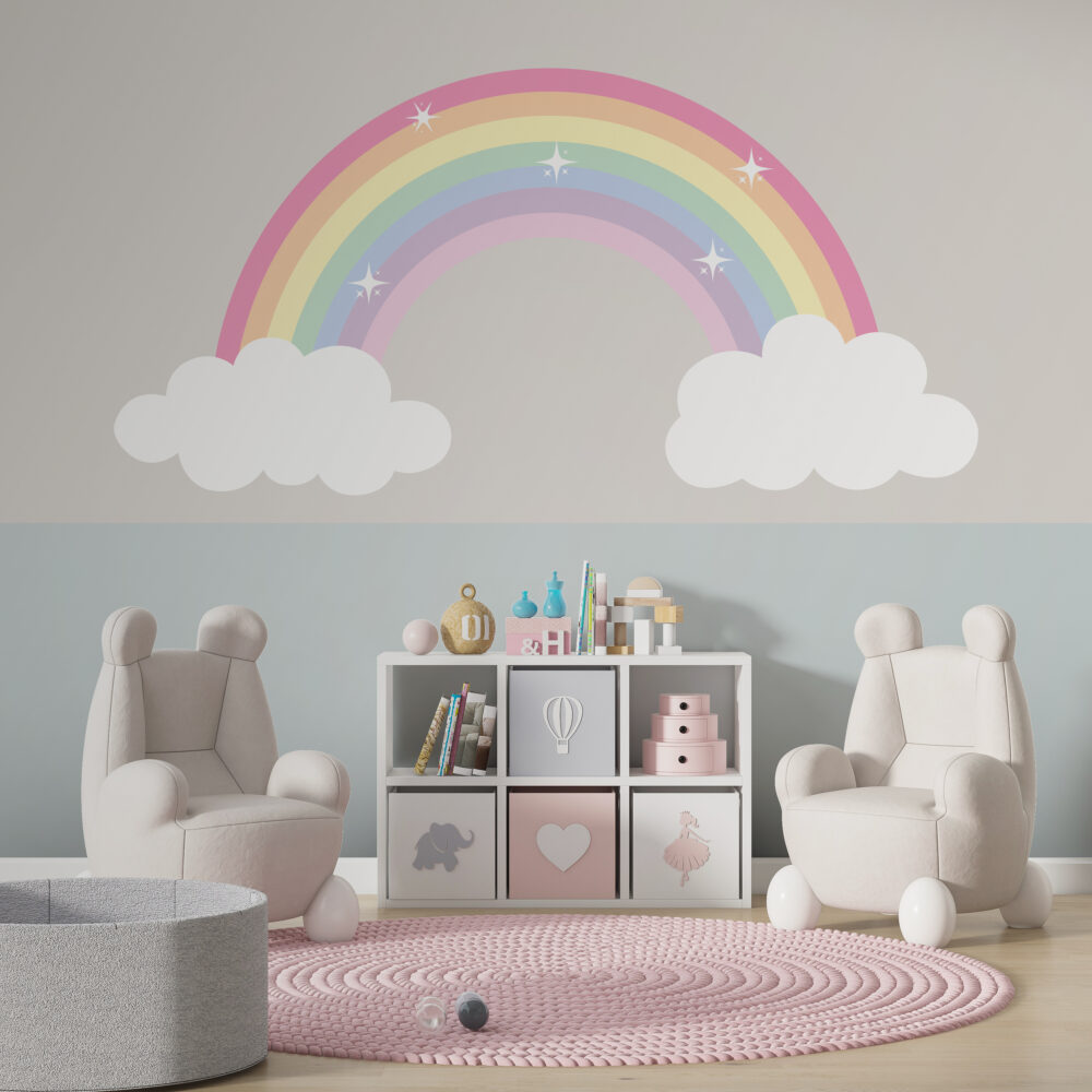 Pastel Rainbow Wallpaper : Clouds And Rainbow Kids Mural - View 3
