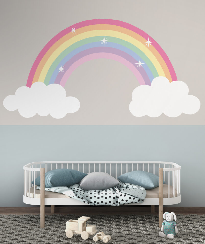 Pastel Rainbow Wallpaper : Clouds And Rainbow Kids Mural - View 4