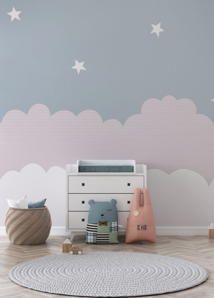 Cloud And Star Wallpaper : Pink And Grey Kids Mural - View 6