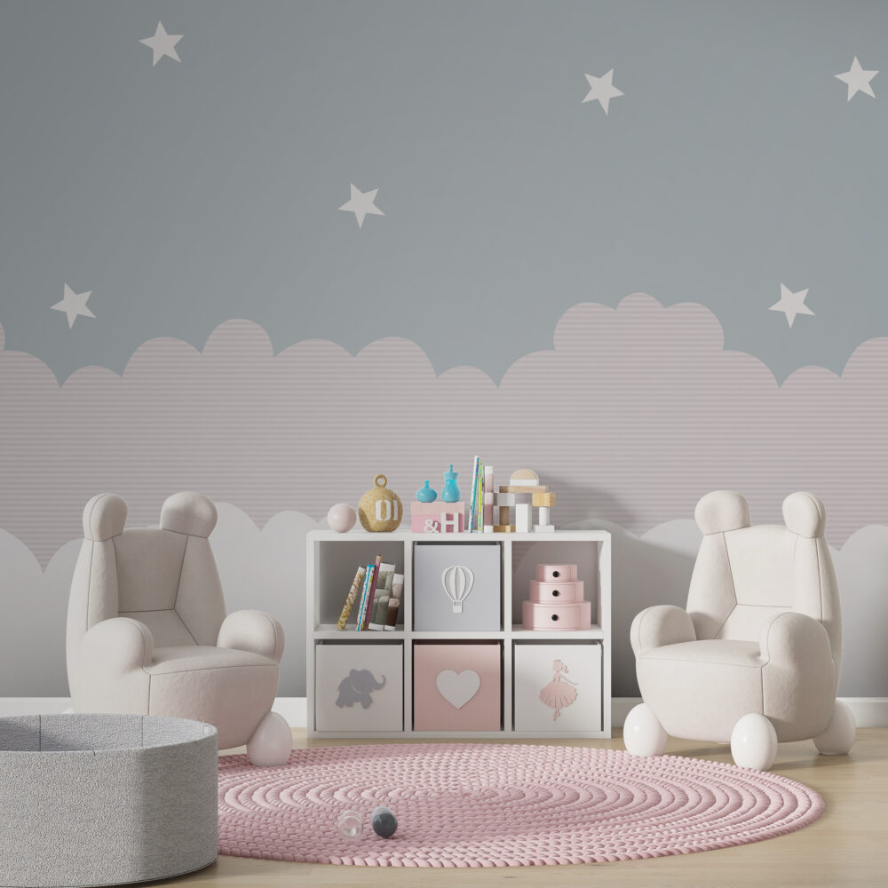 Cloud And Star Wallpaper : Pink And Grey Kids Mural - View 4