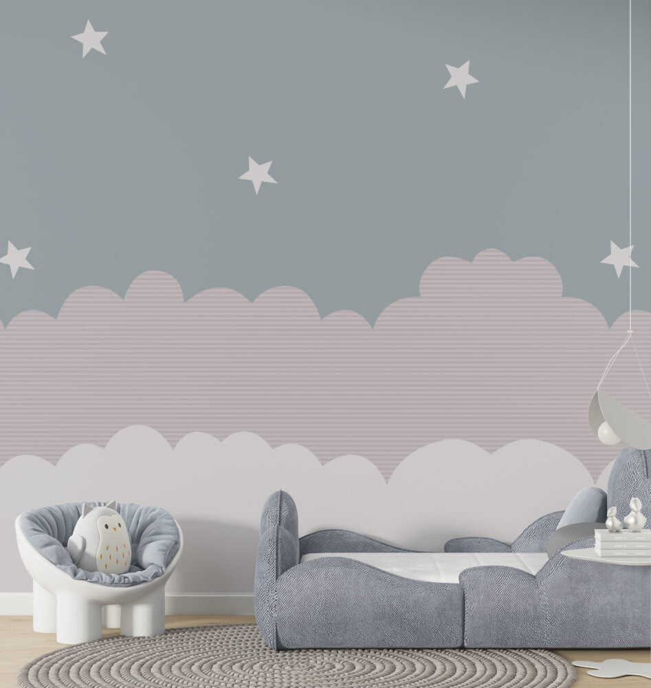 Cloud And Star Wallpaper : Pink And Grey Kids Mural - View 5