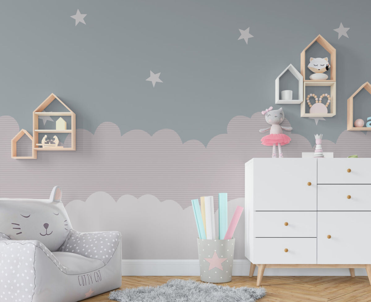 Cloud And Star Wallpaper : Pink And Grey Kids Mural