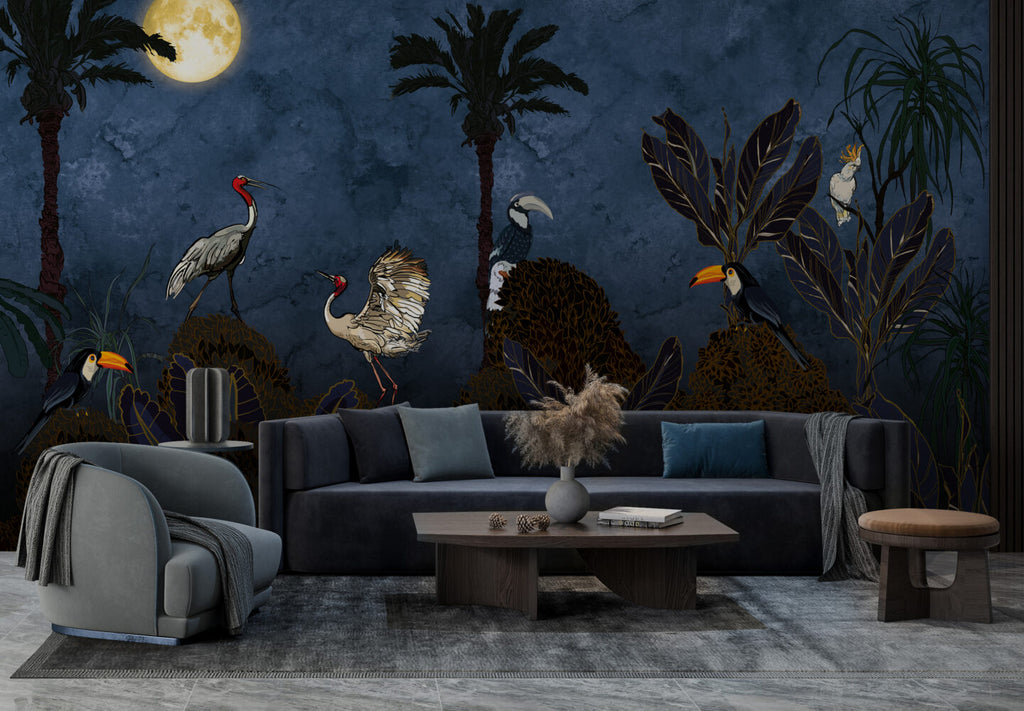 Moonlit Bird Wallpaper : Hornbill And Dark Jungle Mural