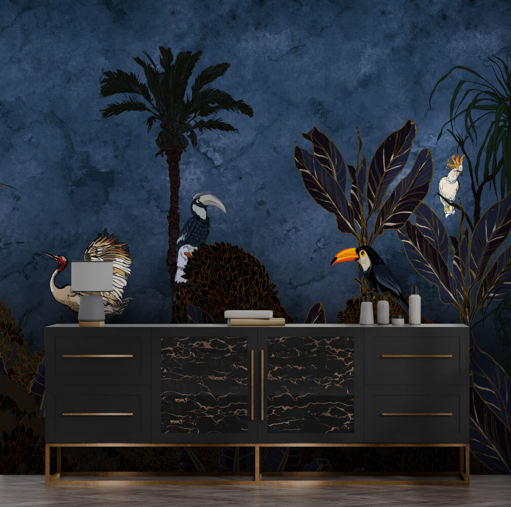 Moonlit Bird Wallpaper : Hornbill And Dark Jungle Mural - View 3