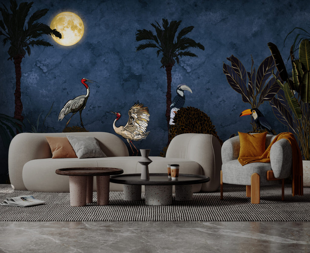 Moonlit Bird Wallpaper : Hornbill And Dark Jungle Mural - View 4