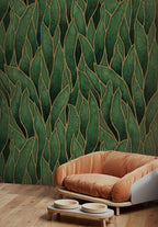 Green Leaf Wallpaper : Gold Outline Emerald Leaves Pattern