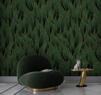 Green Leaf Wallpaper : Gold Outline Emerald Leaves Pattern - View 3
