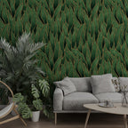 Green Leaf Wallpaper : Gold Outline Emerald Leaves Pattern - View 4
