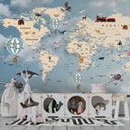 Blue Explorer World Map Wallpaper : Animals And Travel Kids Mural - View 3