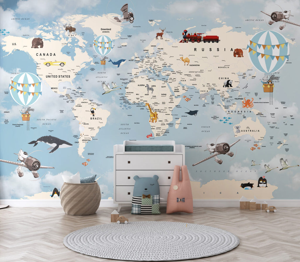Blue Explorer World Map Wallpaper : Animals And Travel Kids Mural
