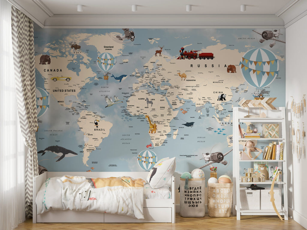 Blue Explorer World Map Wallpaper : Animals And Travel Kids Mural - View 5