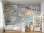 Blue Explorer World Map Wallpaper : Animals And Travel Kids Mural - View 5