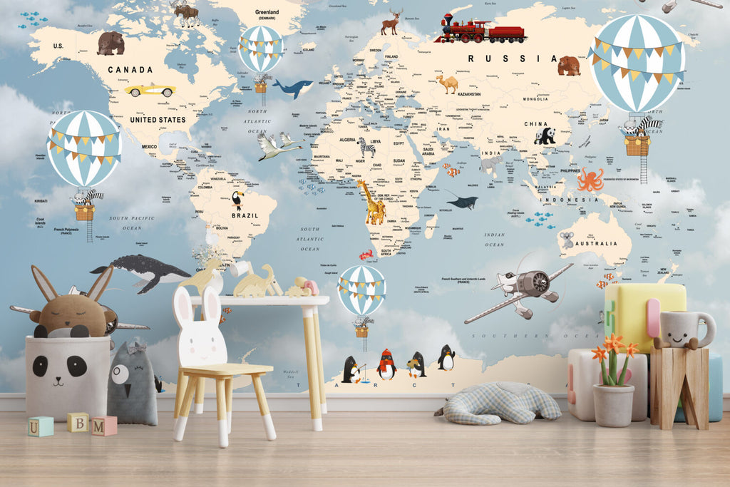 Blue Explorer World Map Wallpaper : Animals And Travel Kids Mural - View 4