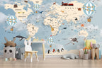 Blue Explorer World Map Wallpaper : Animals And Travel Kids Mural - View 4
