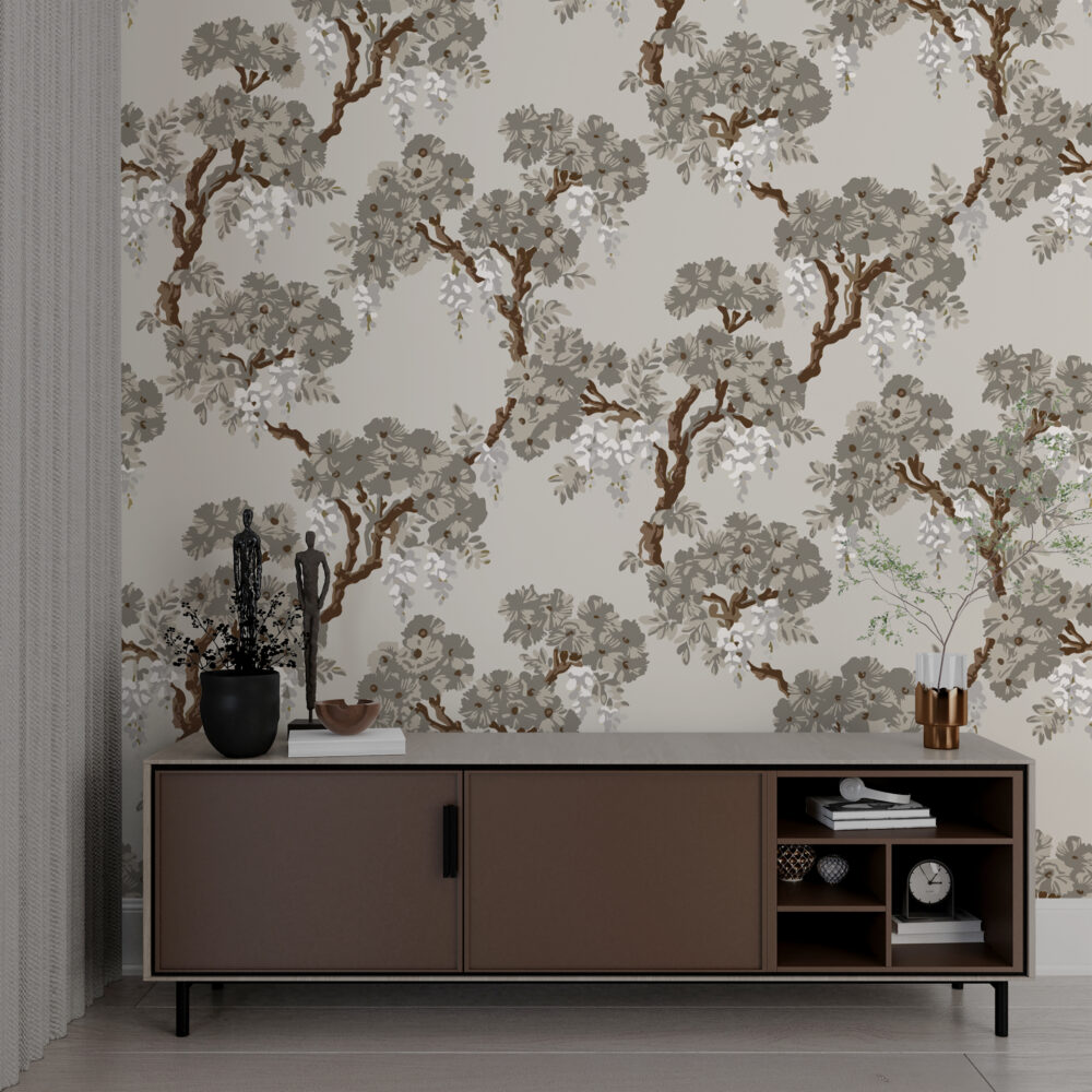 Grey Wisteria Tree Wallpaper : Chinoiserie Blossom Pattern