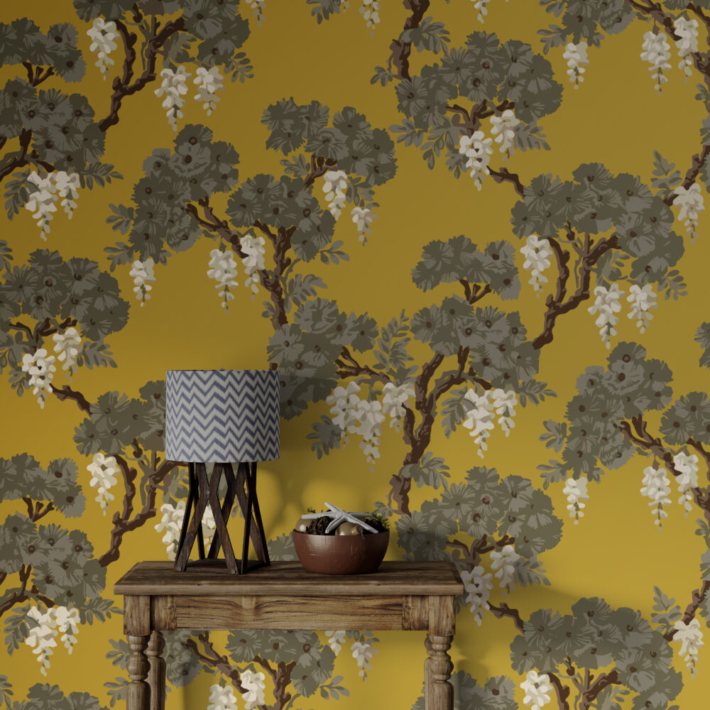 Mustard Wisteria Tree Wallpaper : Chinoiserie Blossom Pattern