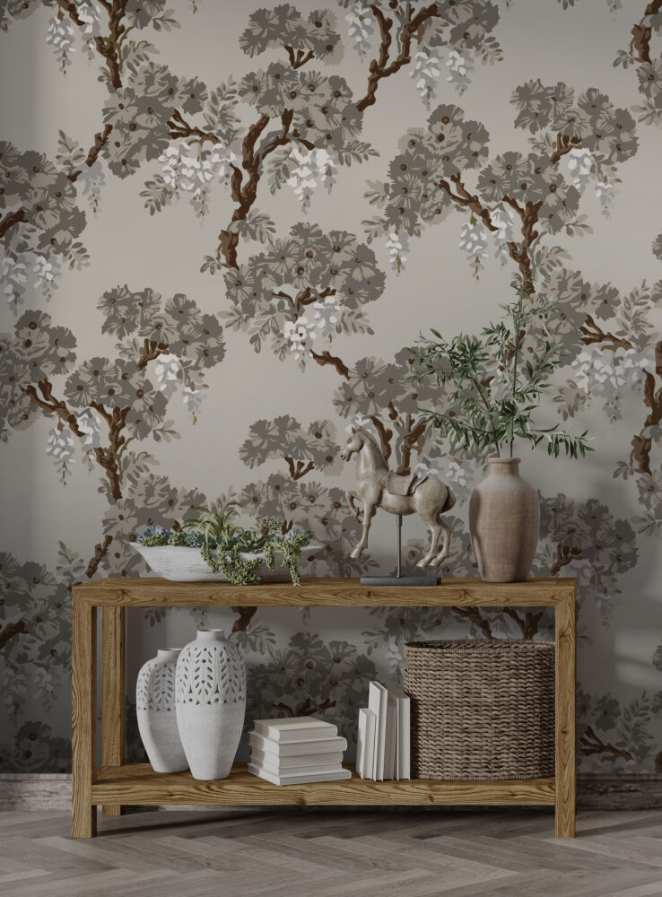Grey Wisteria Tree Wallpaper : Chinoiserie Blossom Pattern - View 4