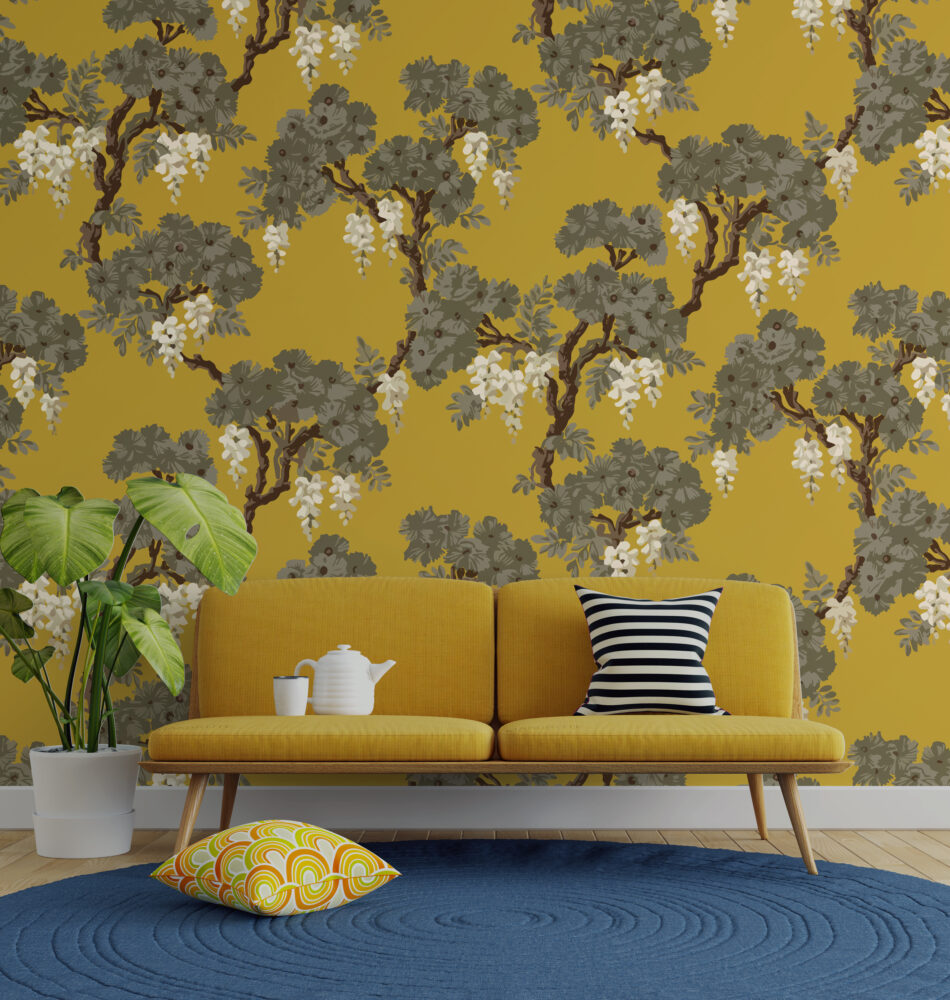 Mustard Wisteria Tree Wallpaper : Chinoiserie Blossom Pattern - View 3
