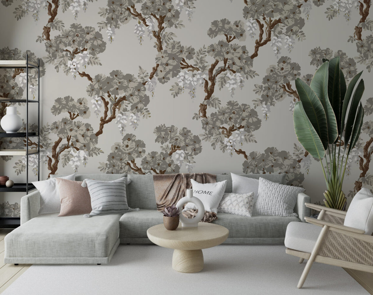 Grey Wisteria Tree Wallpaper : Chinoiserie Blossom Pattern - View 3