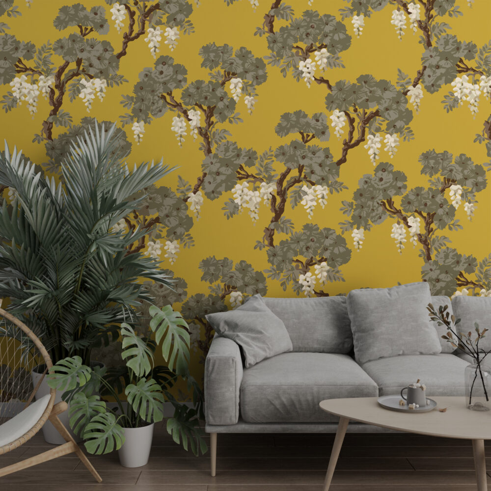 Mustard Wisteria Tree Wallpaper : Chinoiserie Blossom Pattern - View 4