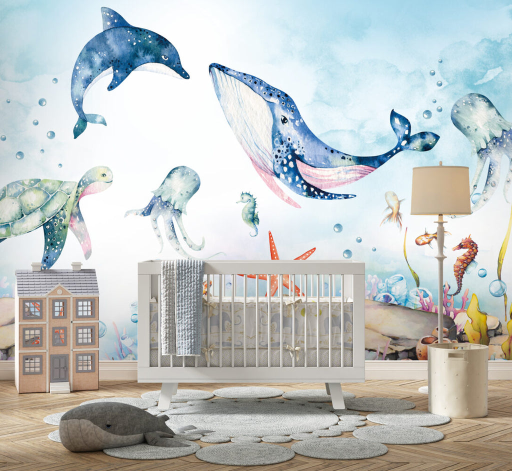 Watercolor Ocean Wallpaper : Whale And Octopus Kids Mural - View 3