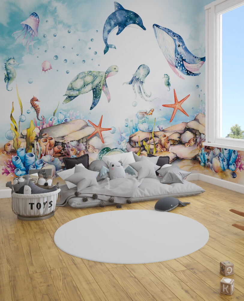 Watercolor Ocean Wallpaper : Whale And Octopus Kids Mural