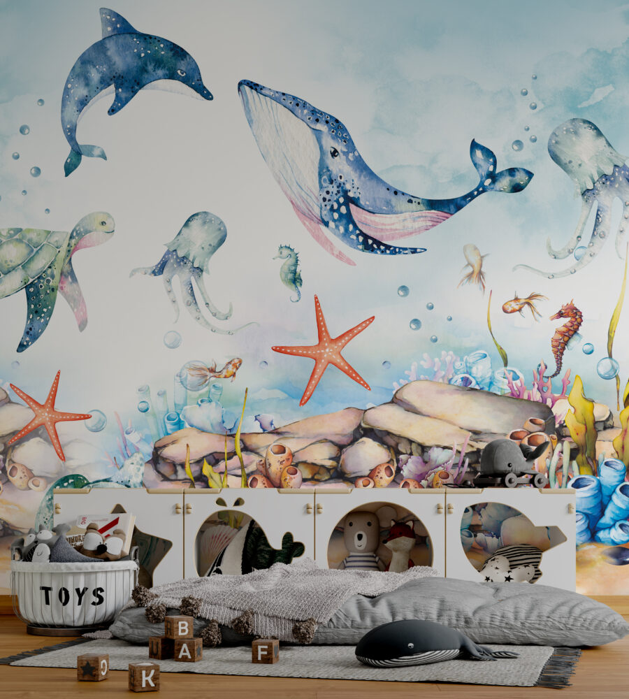 Watercolor Ocean Wallpaper : Whale And Octopus Kids Mural - View 4