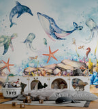 Watercolor Ocean Wallpaper : Whale And Octopus Kids Mural - View 4