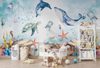 Watercolor Ocean Wallpaper : Whale And Octopus Kids Mural - View 5