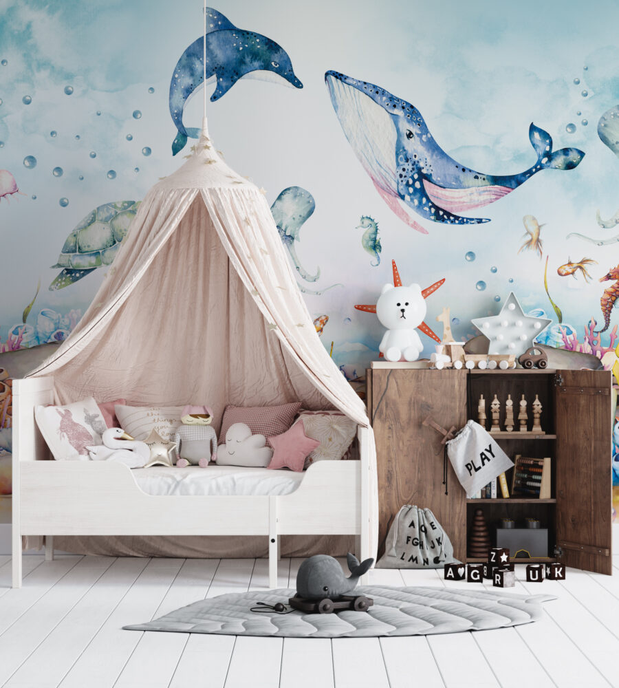 Watercolor Ocean Wallpaper : Whale And Octopus Kids Mural - View 6