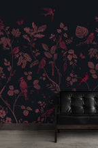 Red Bird Wallpaper : Crimson Botanical On Navy Pattern - View 3