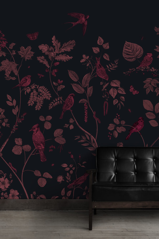 Red Bird Wallpaper : Crimson Botanical On Navy Pattern - View 3