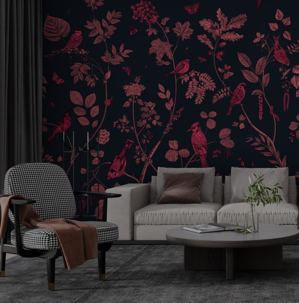 Red Bird Wallpaper : Crimson Botanical On Navy Pattern - View 4
