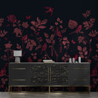 Red Bird Wallpaper : Crimson Botanical On Navy Pattern - View 5