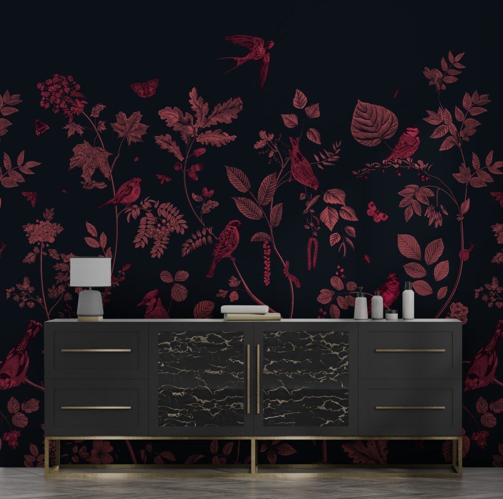 Red Bird Wallpaper : Crimson Botanical On Navy Pattern - View 5