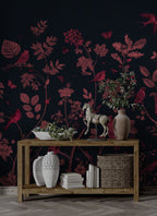Red Bird Wallpaper : Crimson Botanical On Navy Pattern - View 6