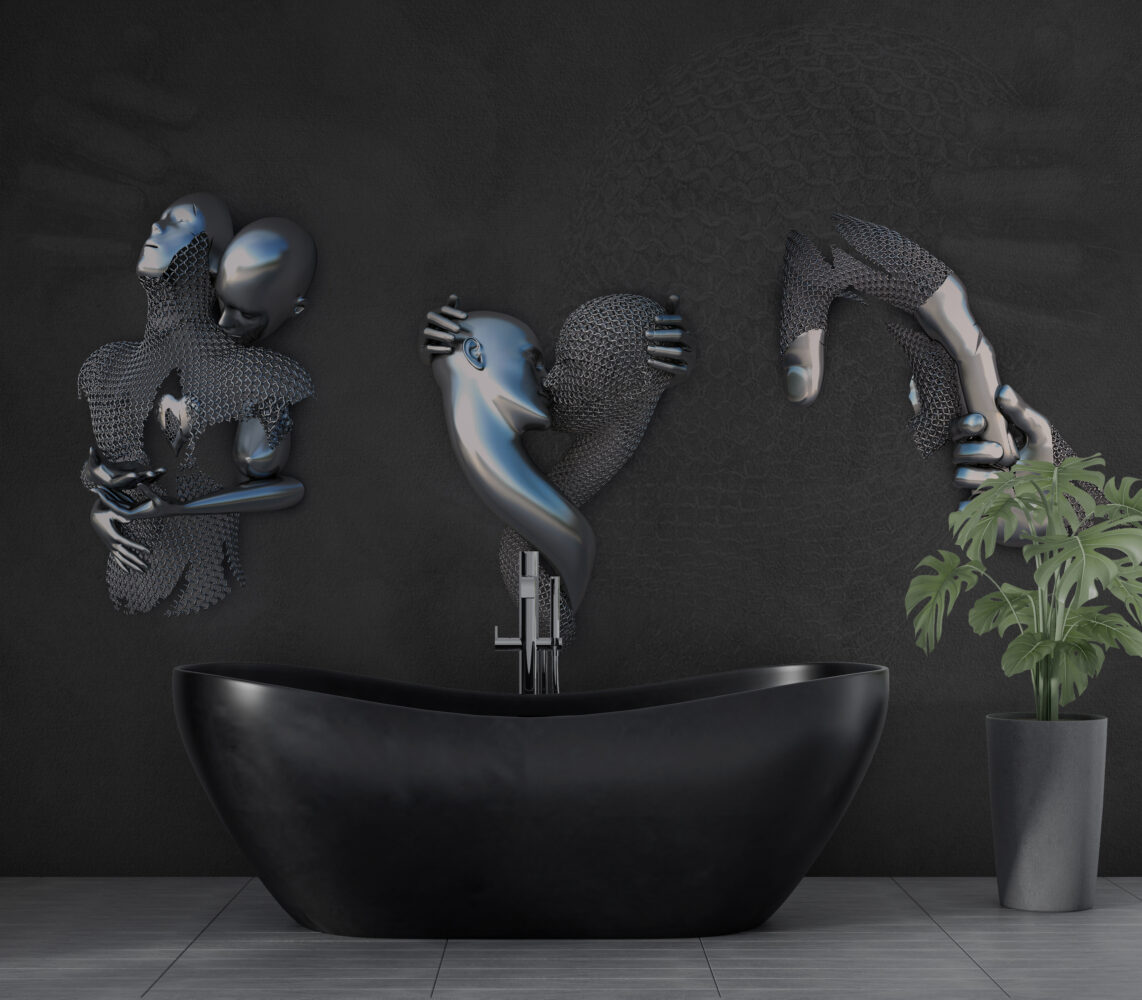 Silver Faces Wallpaper : 3D Sculpted Embrace Mural - View 3