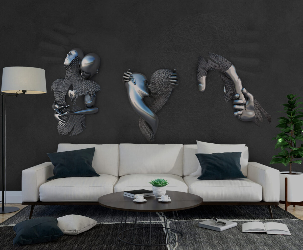Silver Faces Wallpaper : 3D Sculpted Embrace Mural