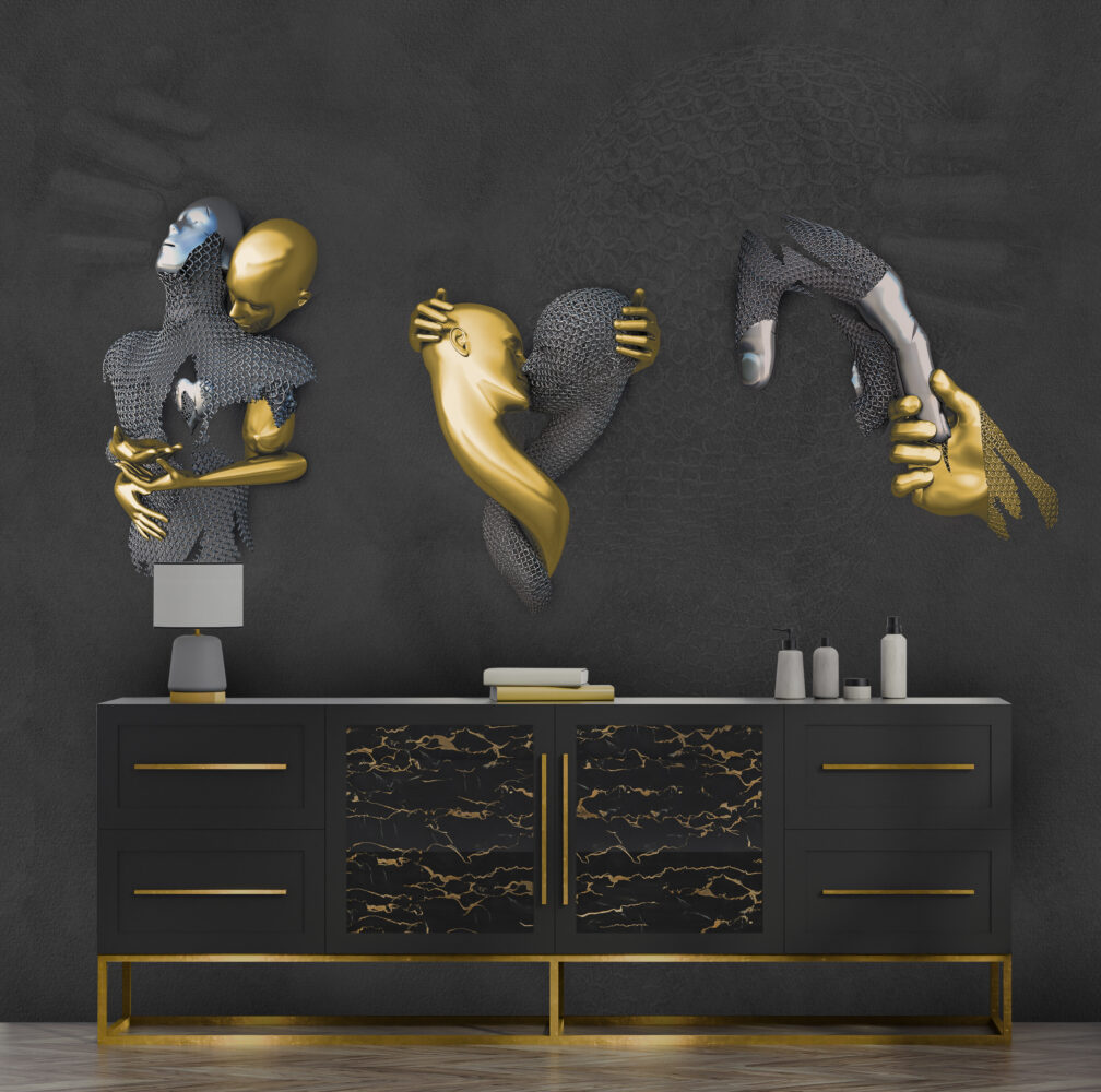 Gold and Silver Faces Wallpaper : 3D Sculpted Figures Mural - View 3